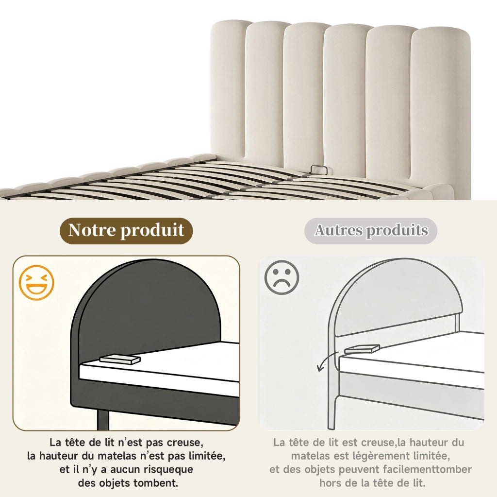 Letto matrimoniale contenitore 140x190 cm con sollevamento idraulico; velluto beige