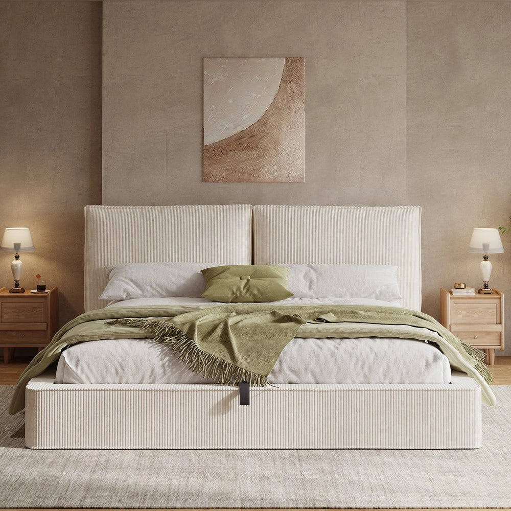 Letto Imbottito Matrimoniale Idraulico con Rete a Doghe e Testiera ¨C Xylo ¨C Beige, Tessuto a Coste, 180x200
