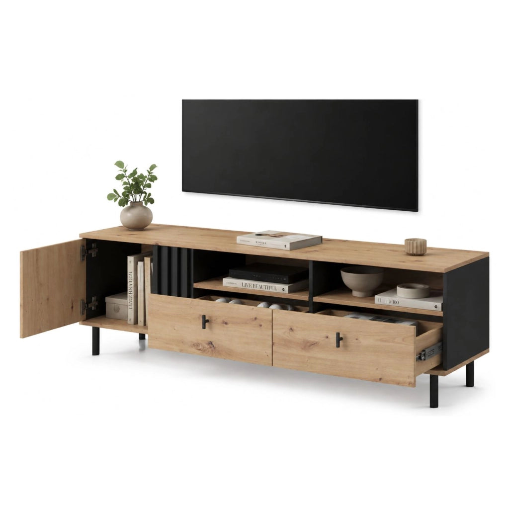 Kalese, Mobile Porta tv 2 Cassetti, 165x40x49h cm Marrone Rovere Nodi
