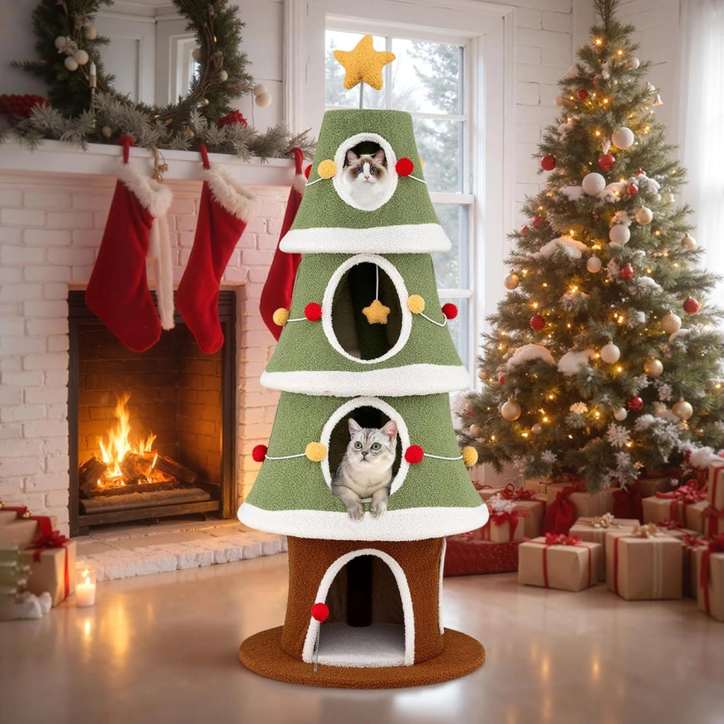 Albero di Natale per Gatti da Interno, Tiragraffi per Gatti Alta 154 cm con 4 Condomini, Pallina Pendete, Giocattolo a Molla e Stella in Cima, Mobile per Animali per Decorazioni Natalizie