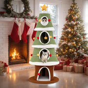 Albero di Natale per Gatti da Interno, Tiragraffi per Gatti Alta 154 cm con 4 Condomini, Pallina Pendete, Giocattolo a Molla e Stella in Cima, Mobile per Animali per Decorazioni Natalizie