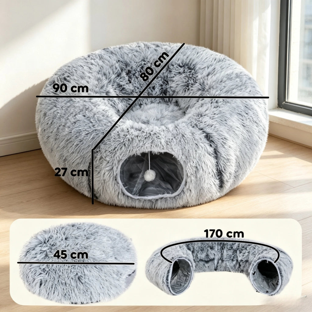 Tunnel per gatti da interno combinato con cuccia a forma di ciambella e cuscino rotondo rimovibile e lavabile.