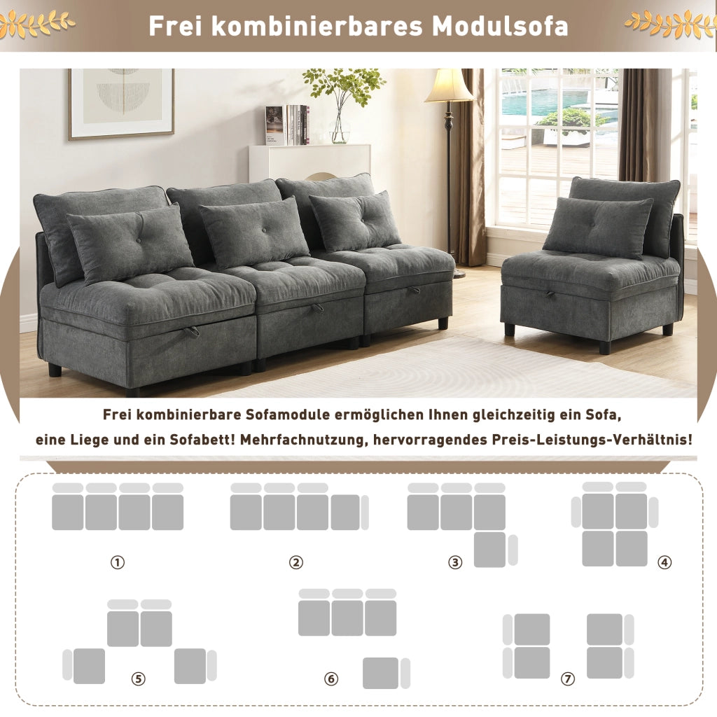 DIVANO modulare 4 posti in chenille grigio antico con contenitore