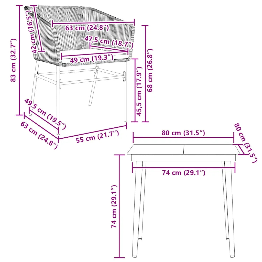 Set da Pranzo da Giardino 3pz con Cuscini Polyrattan Vetro