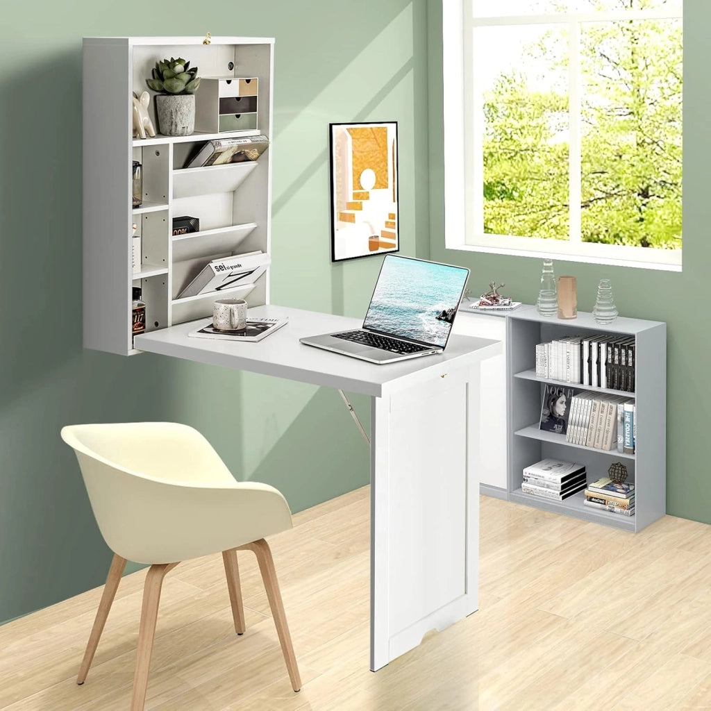 Scrivania da Parete in Legno con 7 Scomparti, Pieghevole, Scrivania per Computer, Studio, Cucina, Soggiorno, 2 Colori
