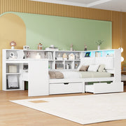 Letto Piattaforma Angolare con Scrivania e Libreria ¨C MINIMAL ¨C Bianco, Legno, Testiera Imbottita, LED, Cassetti, 140x200