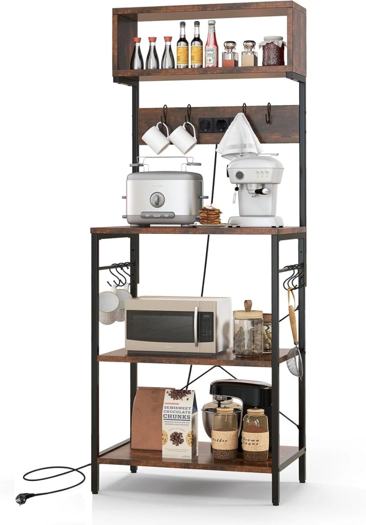 Scaffale da cucina con stazione di ricarica, scaffale per microonde con ripiani aperti e 10 ganci per appenderla, industriale con telaio in acciaio, per cucina, sala da pranzo, 60 x 42 x 153