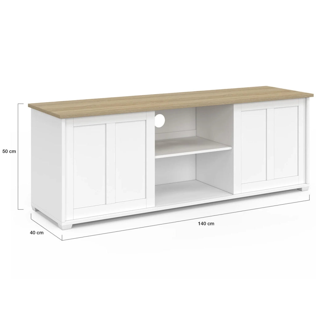 IDMarket - Mobile TV JANGO 140 cm con 2 ante scorrevoli bianche e piano in legno