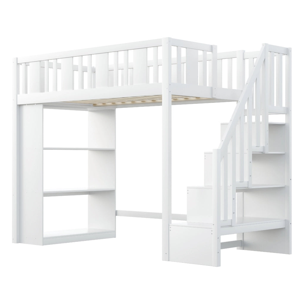 Letto a soppalco 90x200 cm con scala contenitore e 3 vani laterali bianco