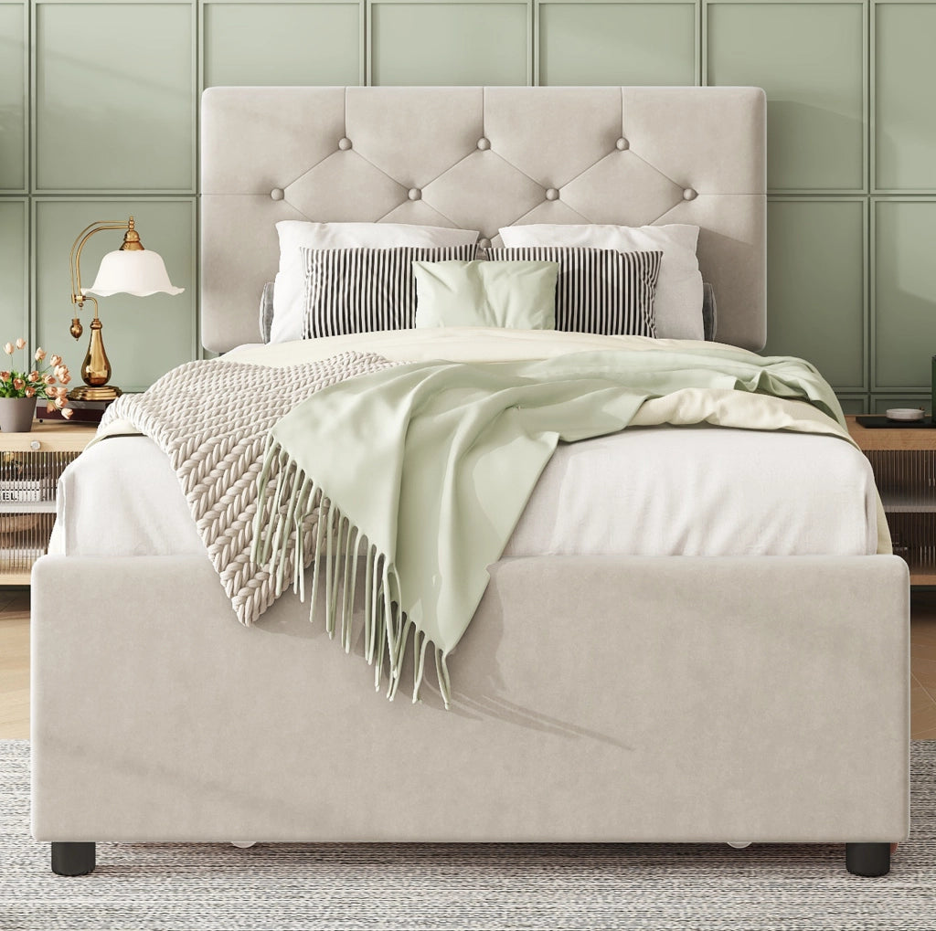 Letto imbottito con letto estraibile e rete a doghe; 90 x 200 cm; velluto beige