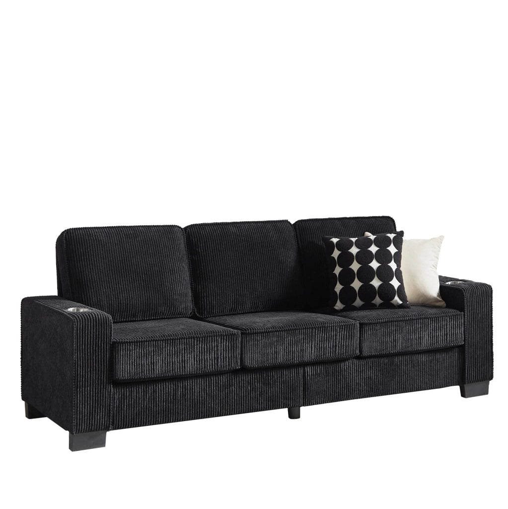 Divano 3 posti in corduroy nero con portabicchieri; 206 cm
