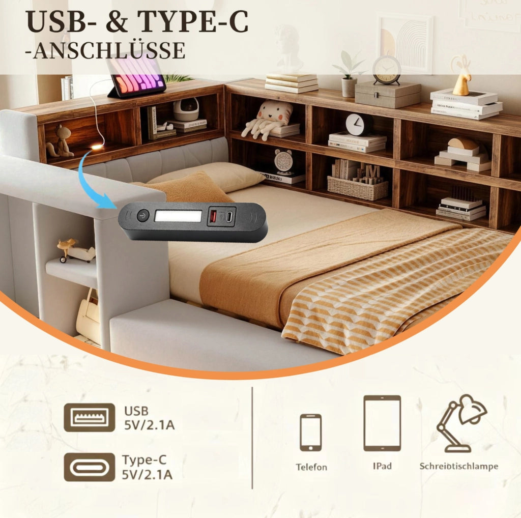 Letto singolo 90x200 cm con LED; prese integrate e ripiani in velluto grigio chiaro