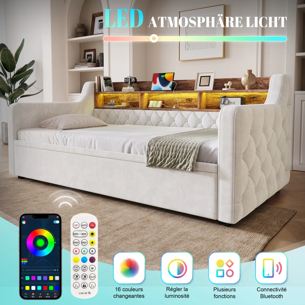 Divano letto 90x190 cm estraibile; testiera contenitore; LED; USB e Type-C in velluto beige