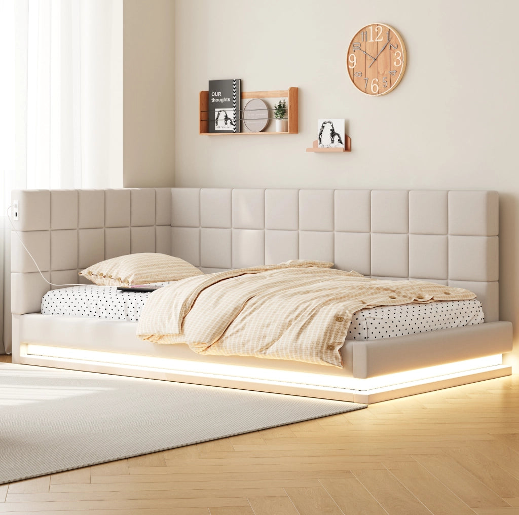 Divano letto 90x200 con LED; porta USB; rete a doghe; lino beige
