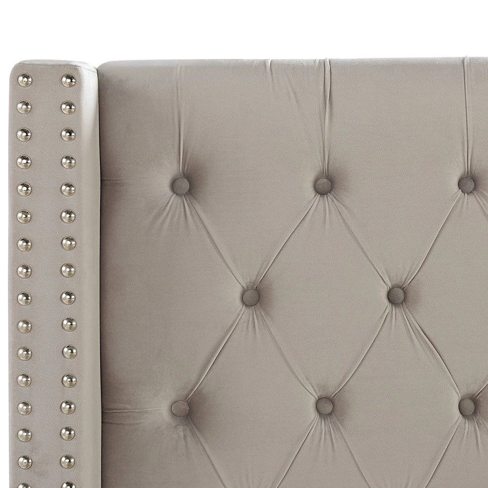 Letto matrimoniale a doghe velluto grigio chiaro imbottito trapuntato poggiatesta 180 x 200 cm stile glamour elegante
