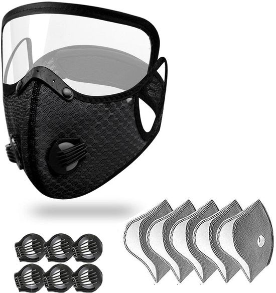 Maschera protettiva per bicicletta con visiera, impermeabile, stoffa impermeabile e protezione da gocce, maschera sportiva universale per tutte le stagioni - inclusa la scatola con cinque filtri e sei viti