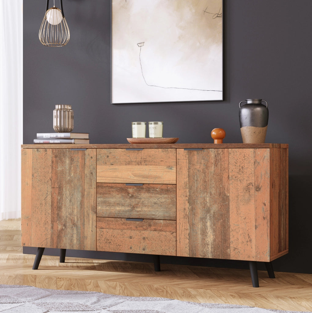 Credenza TV vintage con ripiani regolabili e tre cassetti