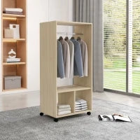 Armadio Appendiabiti con 2 Scaffali, Asta Appendiabiti, 4 Ruote Girevoli, 60L x 40P x 128H cm, Legno Naturale