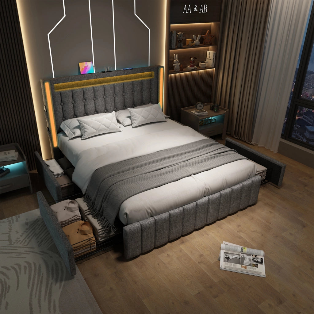 Letto matrimoniale – 140x200 cm – USBC LED 4 cassetti – legno grigio
