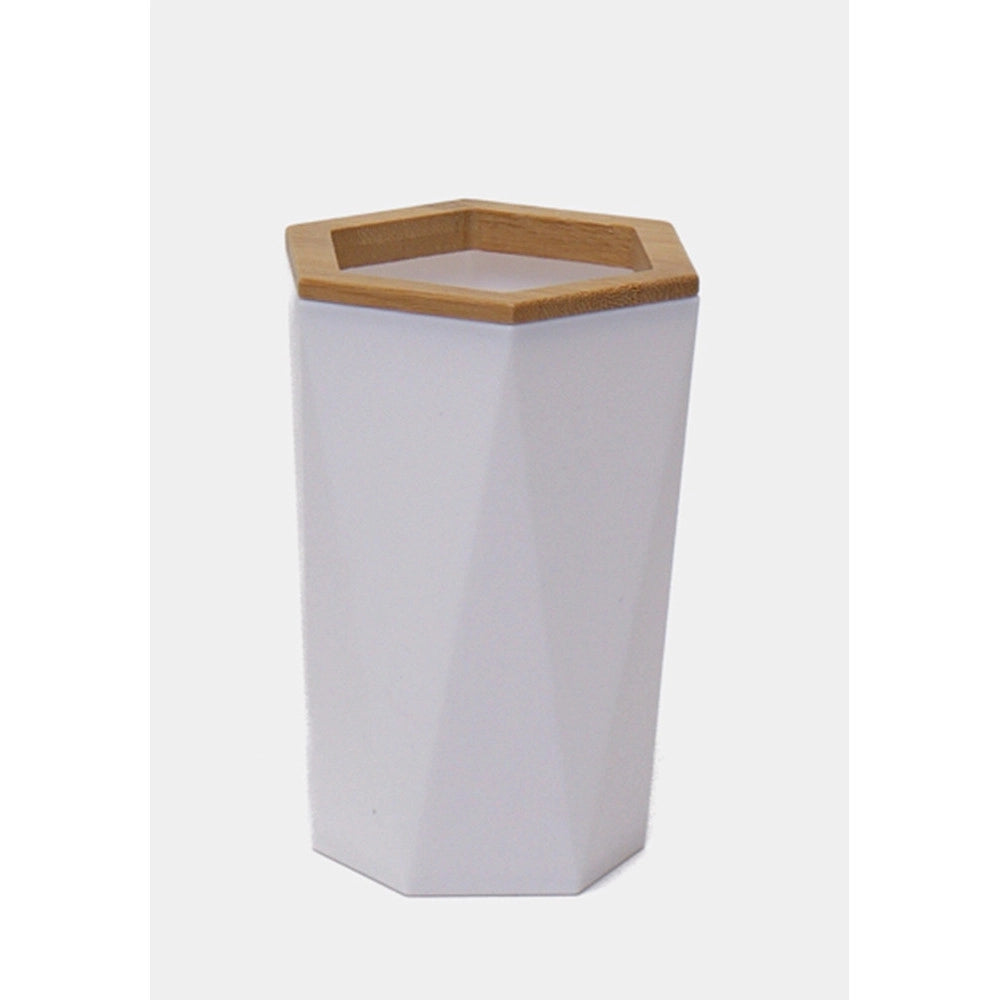 Trade Shop - Bicchiere Porta Spazzolini A Cilindro Esagonale Geometrico Bianco Legno Da Bagno 10837 -