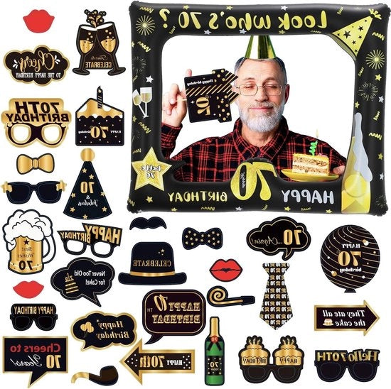 Set di compleanno 70 anni - 33 pezzi con cornice fotografica e box fotografica gonfiabile per accessori di decorazione di compleanno per uomini e donne