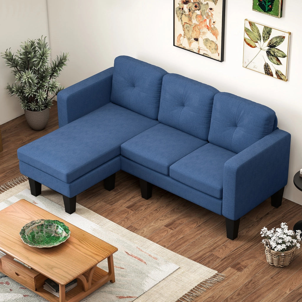 Divano Angolare 3 Posti con Chaise Longue Reversibile ¨C Zephmum ¨C Blu Tessuto Trapuntato