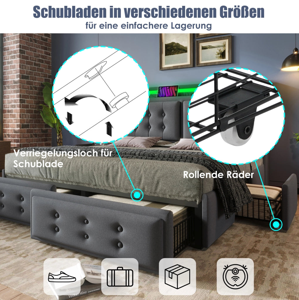 Letto matrimoniale imbottito 140x200 cm in cotone e lino grigio con LED e USB