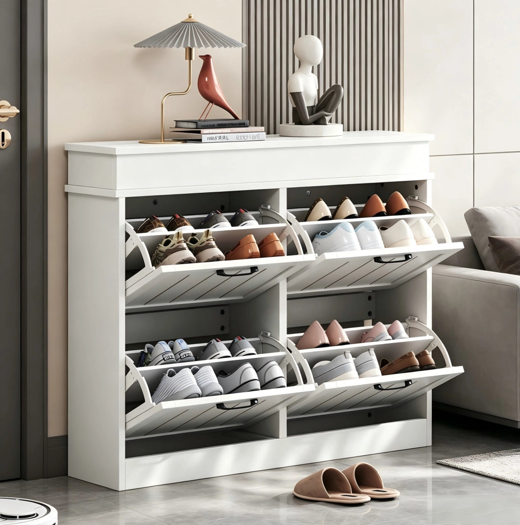 Scarpiera salvaspazio in MDF bianco con 4 ante a ribalta, 105x24x83 cm