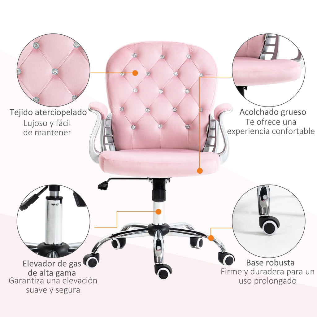 Sedia da Ufficio in Velluto con Braccioli e Schienale ¨C zephmum ¨C Rosa 59.5x60.5x93-103 cm