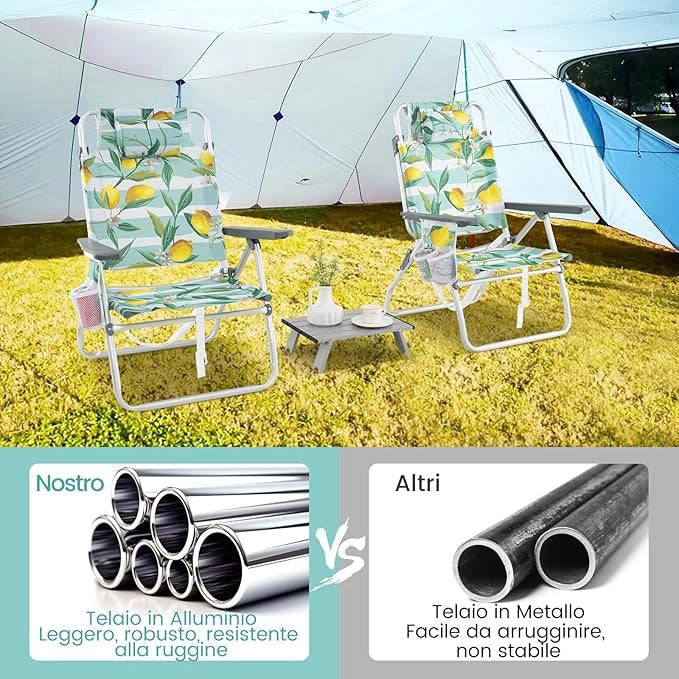 Set di Sedie e Tavolino da Giardino, Tavolo Laterale e Sedie Pieghevole con Schienale Regolabile a 5 Angolazioni, Struttura in Alluminio e Portabicchieri,Set di Mobili per Picnic (Verde)
