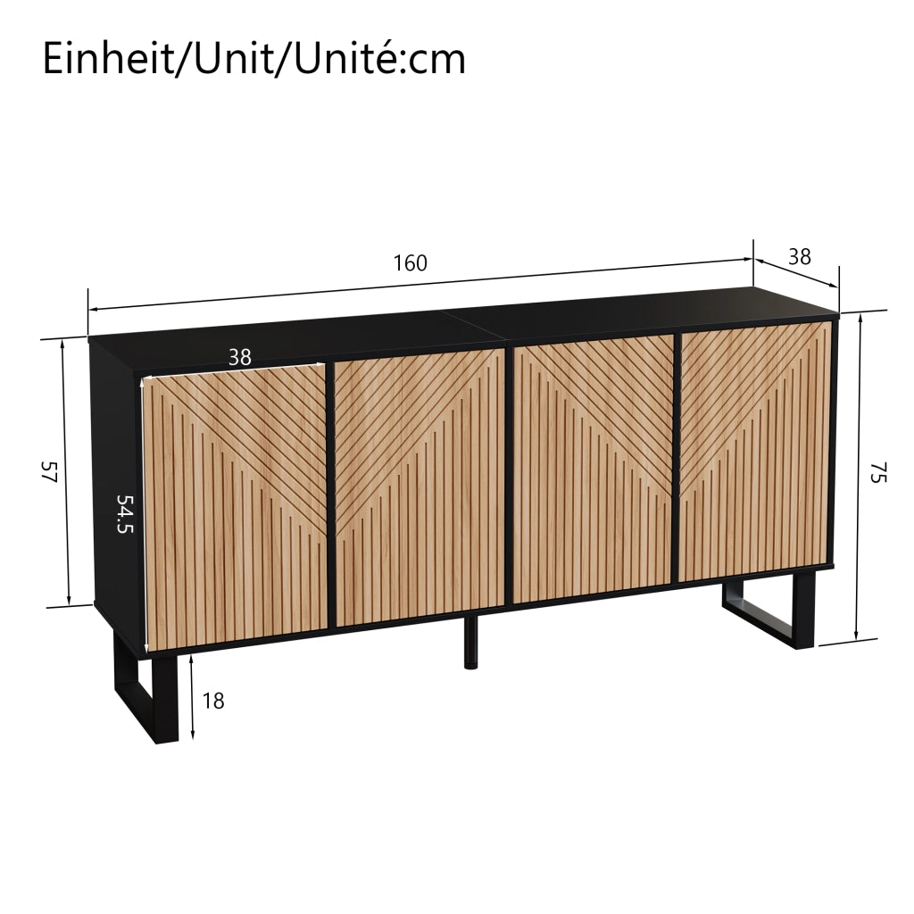 Mobile TV con 4 Ante e Vani Aperti; Frontali 3D a Righe; Stile Moderno; in MDF; 160??38??75 cm; Nero Naturale