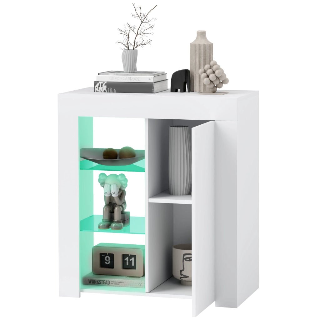 Mobile Contenitore a LED con 3 Ripiani Aperti e Armadietto a 2 Livelli, in Legno e Vetro, 75x40.1x83 cm, Bianco