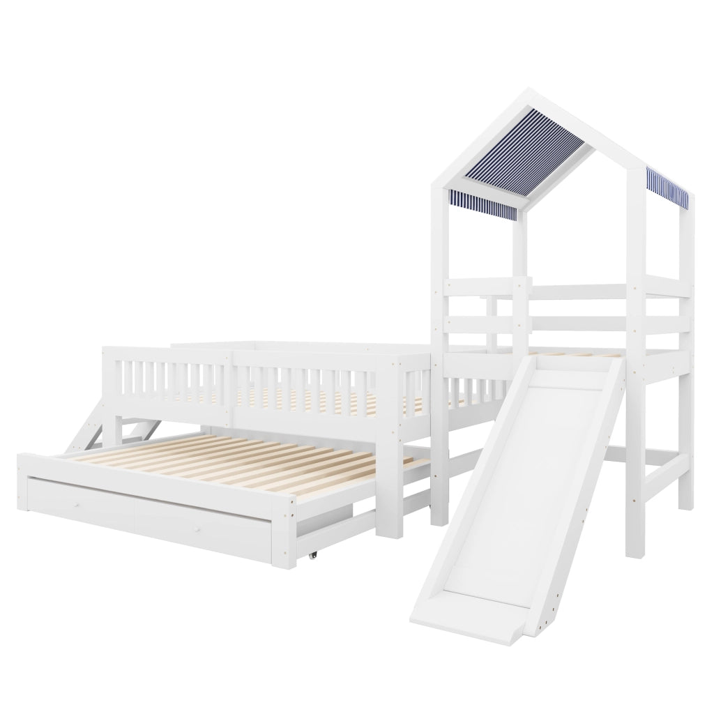 Letto per bambini a casetta 90 × 200 cm con letto estraibile, scivolo, scala laterale e cassetti, senza materasso, bianco