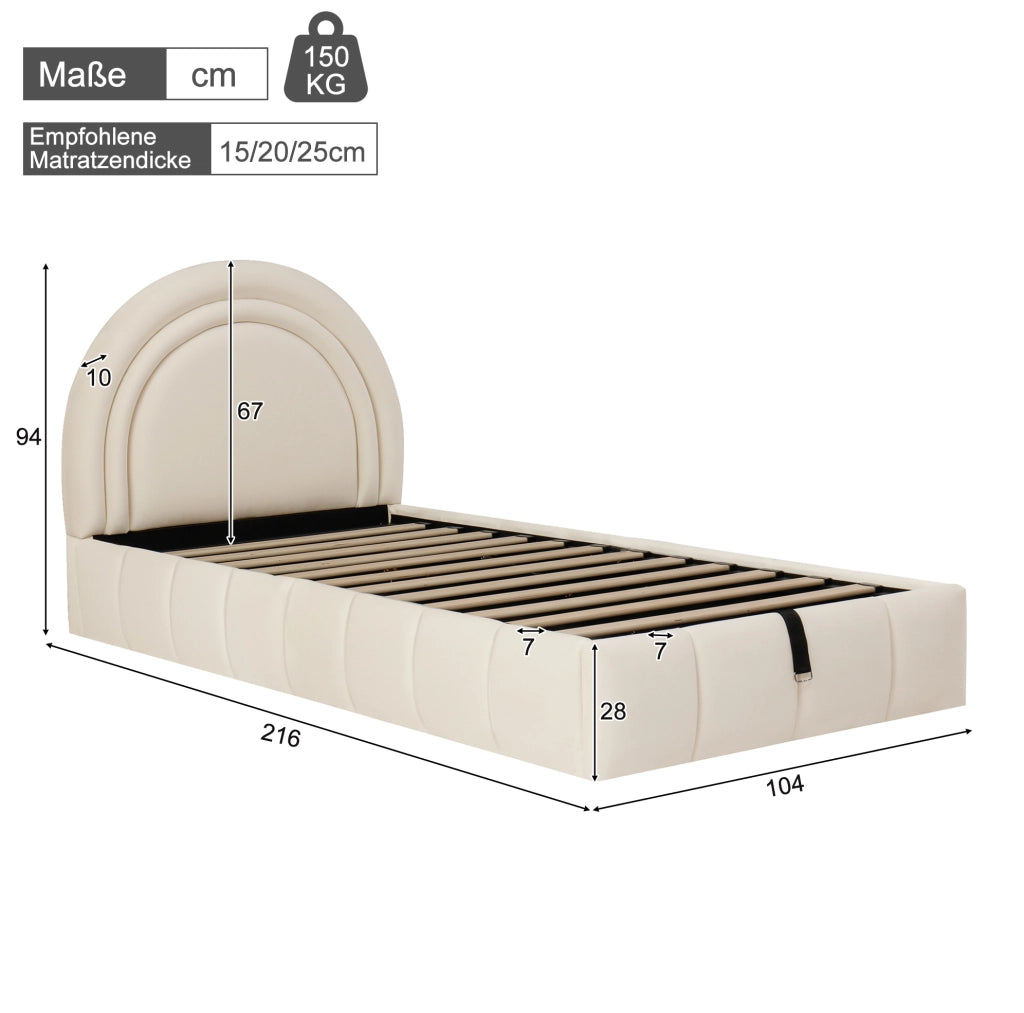 Letto singolo per bambini 90x200 cm con contenitore e rete a doghe; velluto beige