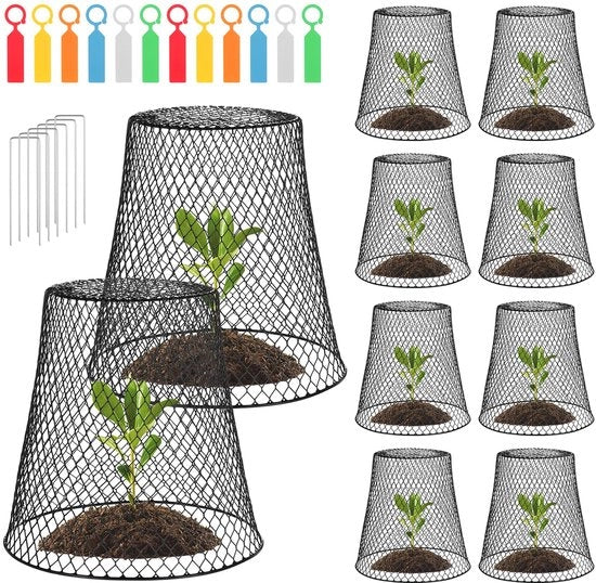 10 pacchi di coperture per piante in metallo con base in terra e etichetta (nero) per protezione delle piante con 10 coperture per piante
