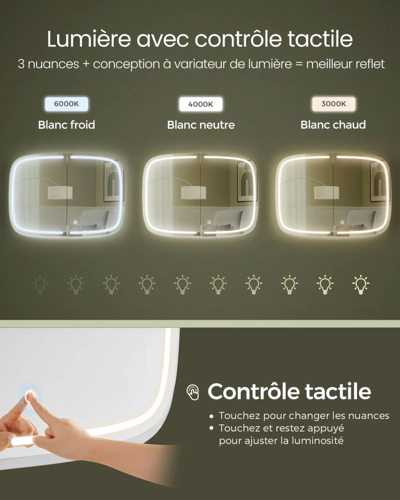 Specchio da bagno con illuminazione mobile lavabo con 2 prese CA 2 porte USB 2 ripiani regolabili angoli arrotondati 12_0006611