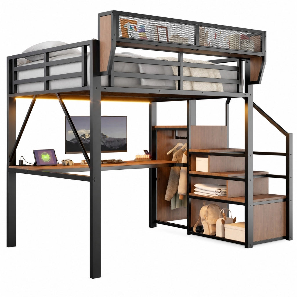 Letto a soppalco in metallo 140x200 cm con scrivania, scala di sicurezza, ripiani flessibili, LED e presa multifunzione, Nero