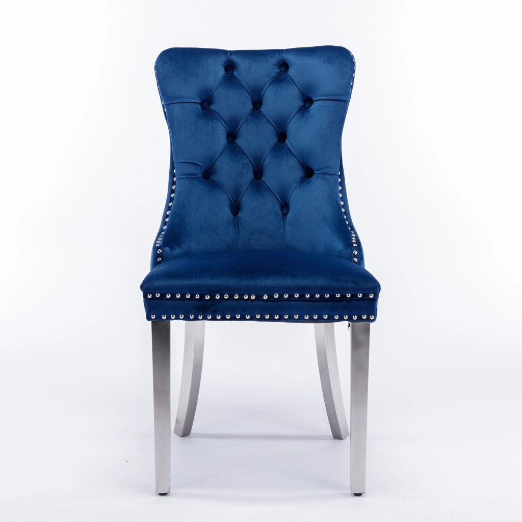 Sedie da Pranzo Imbottite in Velluto ¨C MINIMAL ¨C Set 2 Pezzi, Legno Massello, Gambe Cromate, Blu