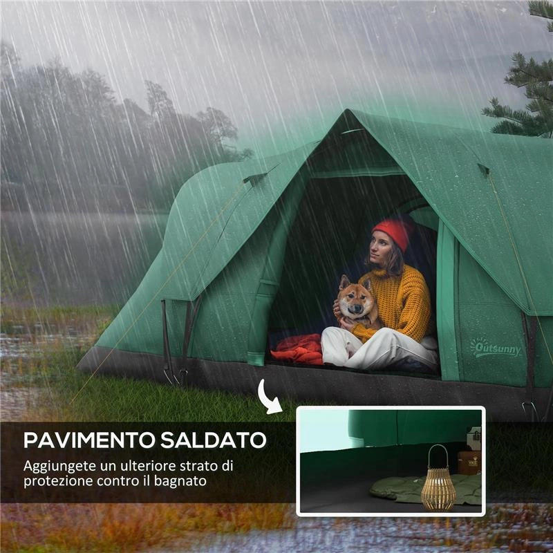 TENDA DA CAMPEGGIO 4 POSTI IDROREPELLENTE CON PROTEZIONE UV PALI IN FIBRA DI VETRO 4.55X2.3X1.8 M VERDE