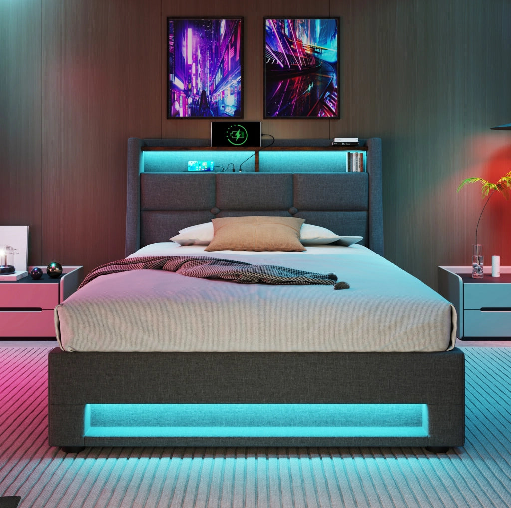 Letto imbottito 90x200 cm con LED e USB; lino grigio (Senza materasso)