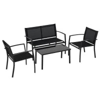 Salotto da Esterno, Set 4 Pezzi con 1 Tavolino, 2 Sedie da Giardino e 1 Panca in Metallo, Nero