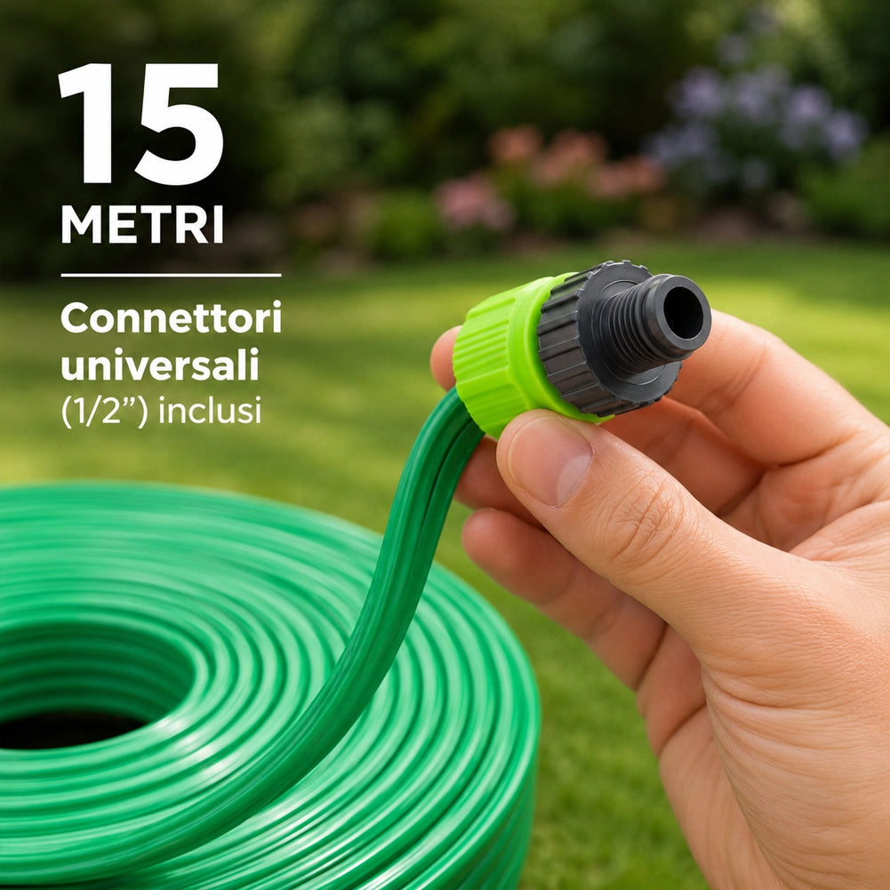 Tubo Piatto da Giardino Flessibile 15 Metri Lunghezza 2 Raccordi Universali 1/2"