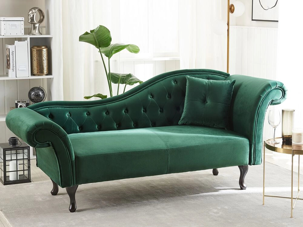 Chaise longue Velluto Verde Scuro Bottone trapuntato Tappezzeria versione destra con Cuscino