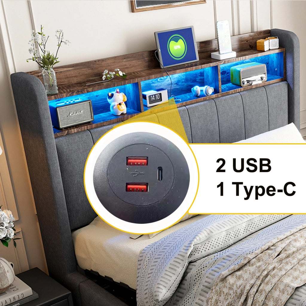 Letto imbottito 140x200 cm grigio con LED, USB e contenitore