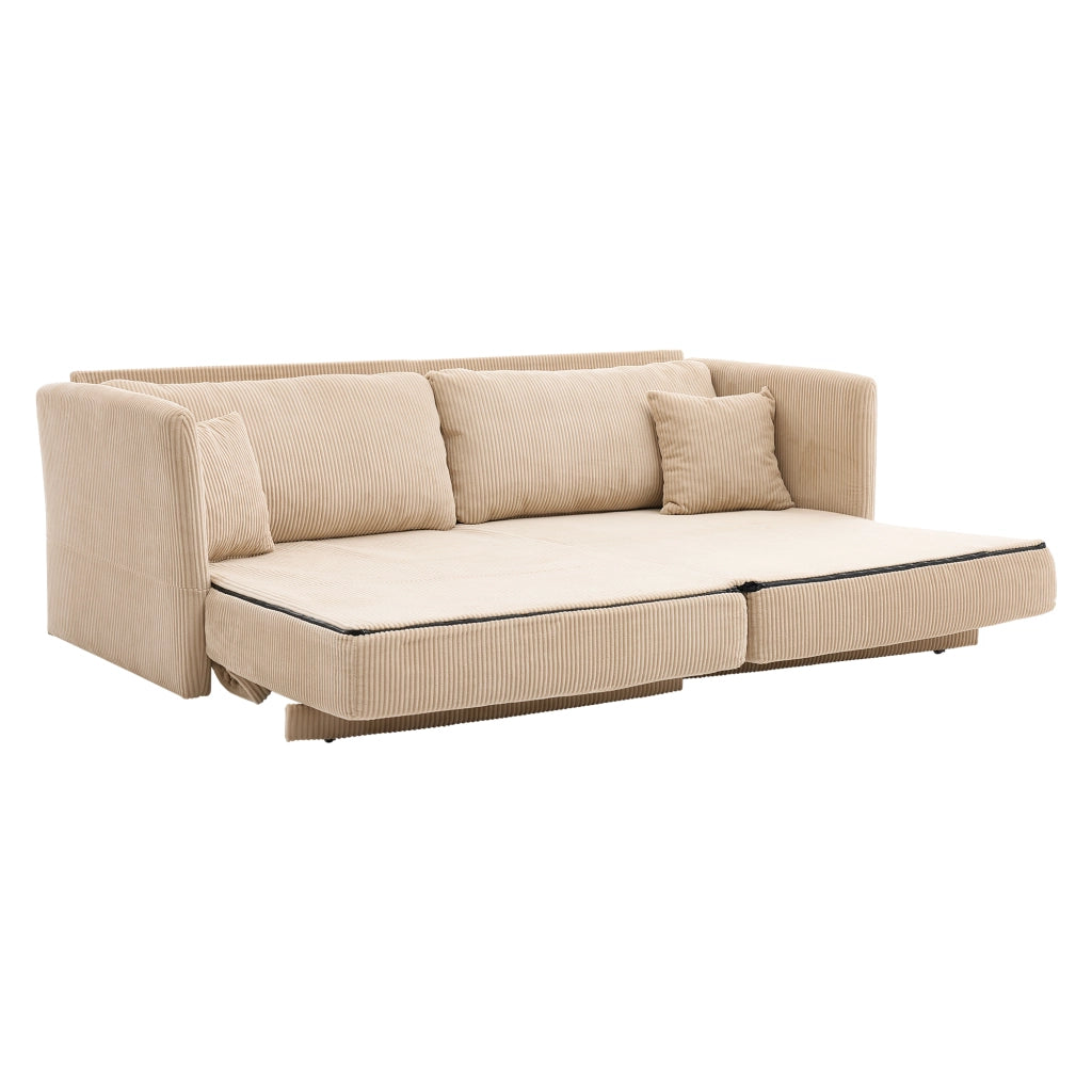 Divano letto 2 posti trasformabile con imbottitura in schiuma e braccioli in legno, velluto a coste beige