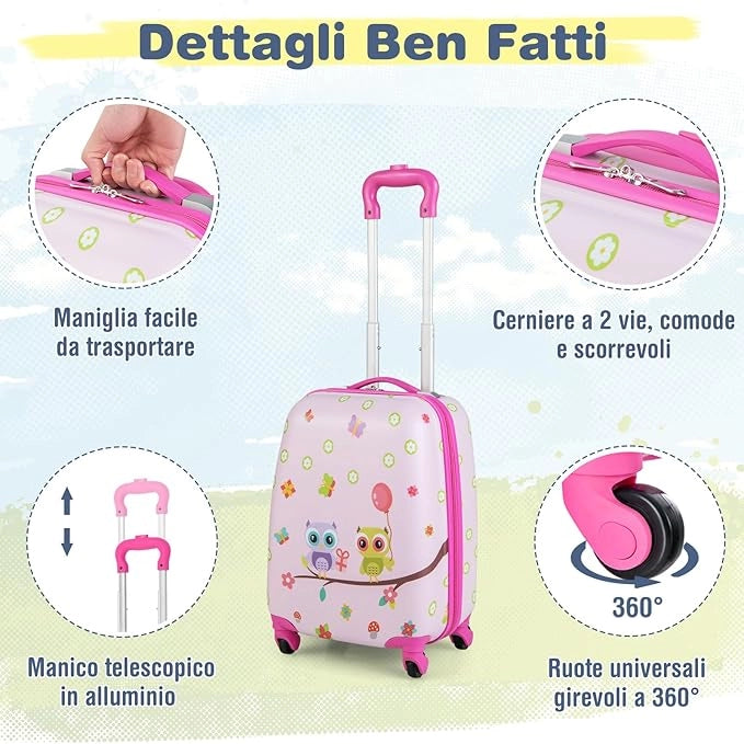Set di Valigia per Bambini, 16" Valigia+ 12" Zaino, 2 Pezzi, con Ruote Girevoli a 360° e Maniglia Retrattile, Ideale per Viaggiare in Modo Comodo e Divertente (Modello 8)