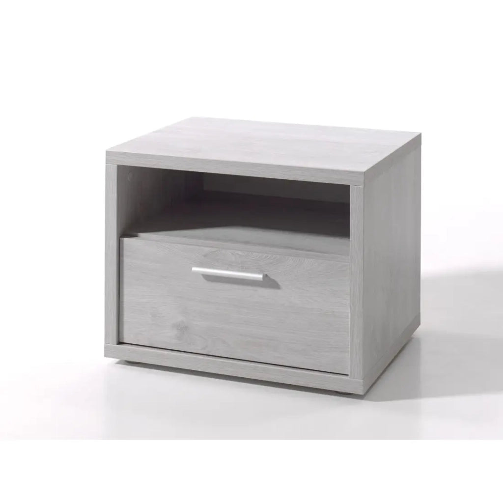 Tavolino da notte MATHEO – 1 cassetto + 1 vano – Grigio effetto legno