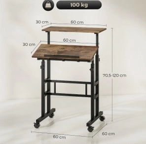 Scrivania sit-stand 60x60x70，5-120 cm in MDF marrone rustico con ripiano e ruote