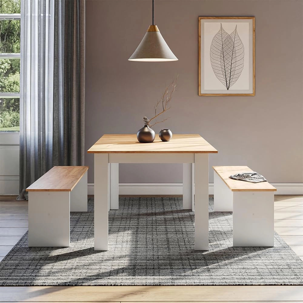 Set di panche ad angolo Sentio, Rovere bianco/dorato, 137.6 x 92.8 cm con 2 panche, per un utilizzo salvaspazio in sala da pranzo e cucina