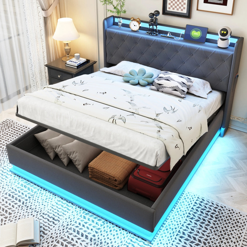 Letto imbottito 140x200 cm con LED, USB e vano contenitore idraulico